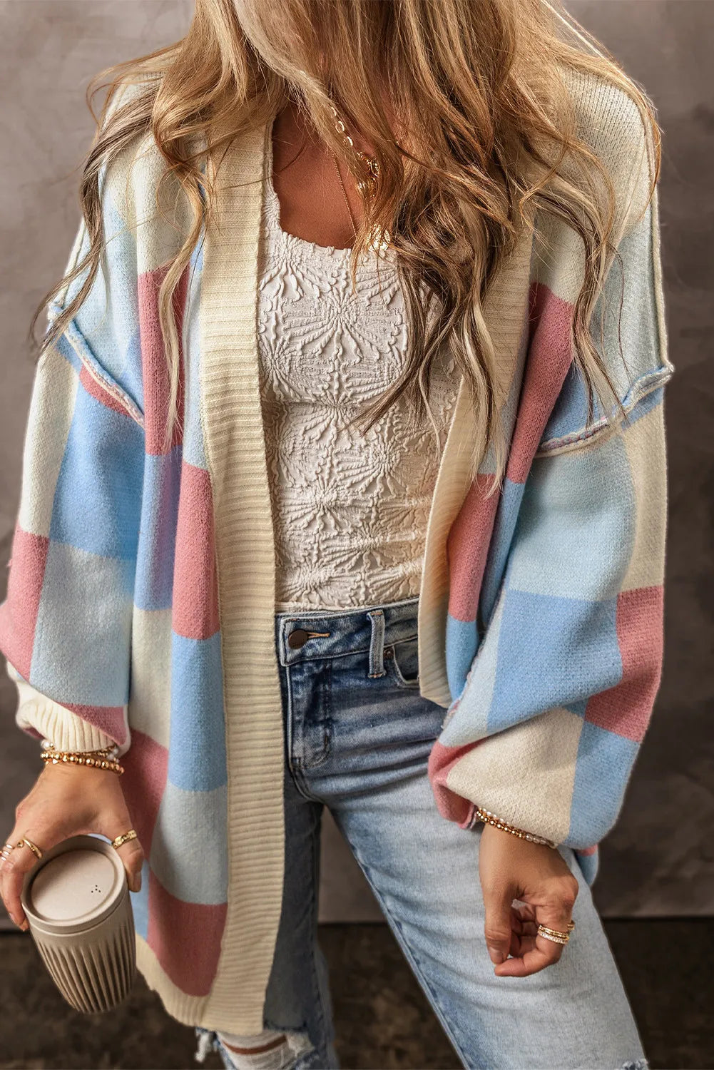 Color Block Open Front Long Sleeve Cardigan - Siennasass