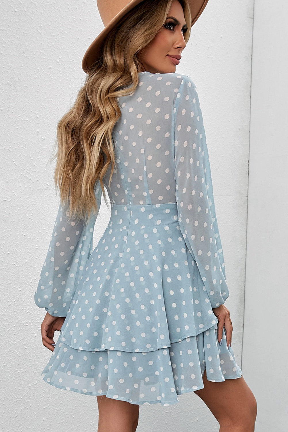 Tied Layered Polka Dot Balloon Sleeve Dress - Siennasass