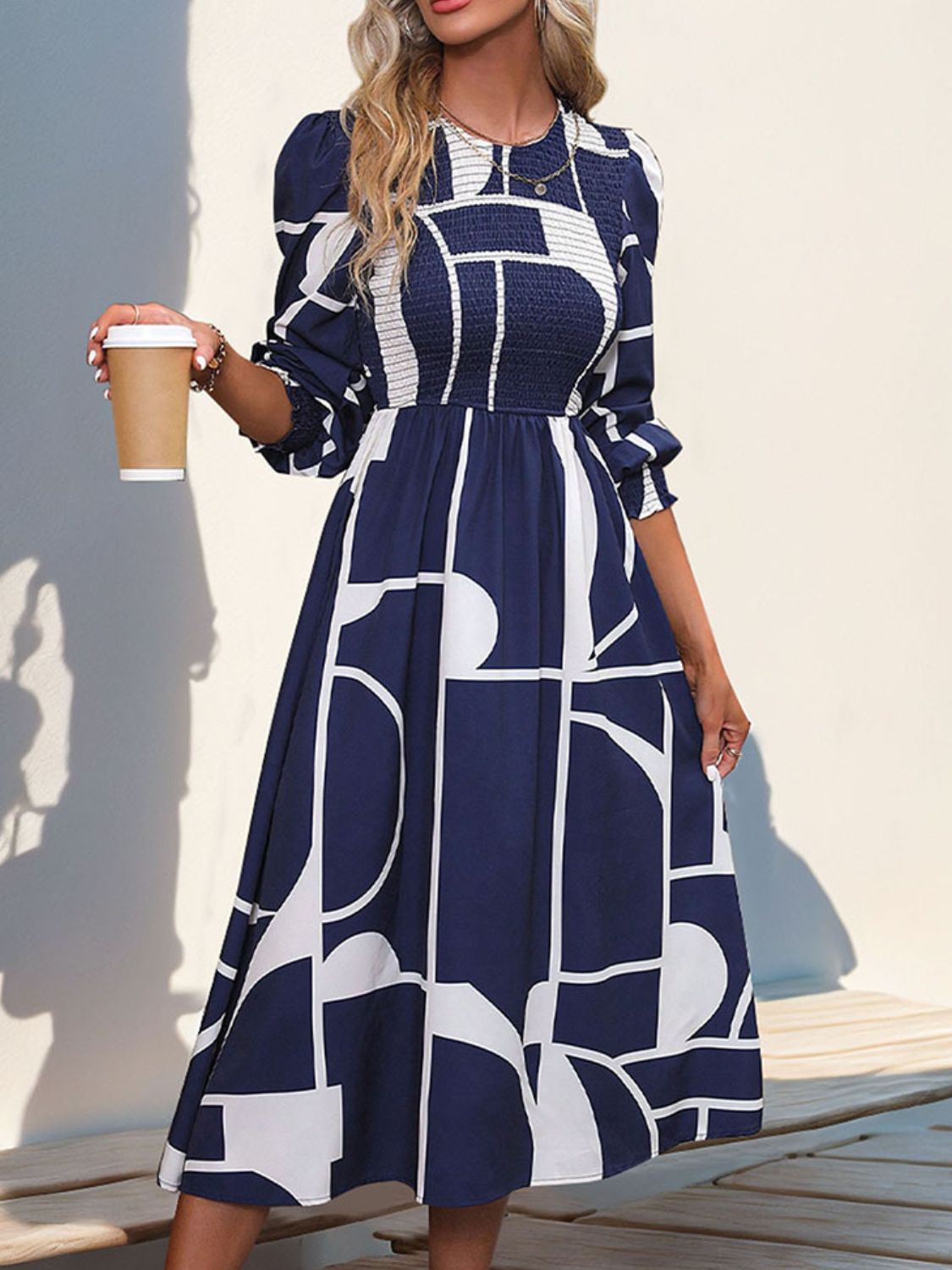 Smocked Color Block Long Sleeve Midi Dress - Siennasass