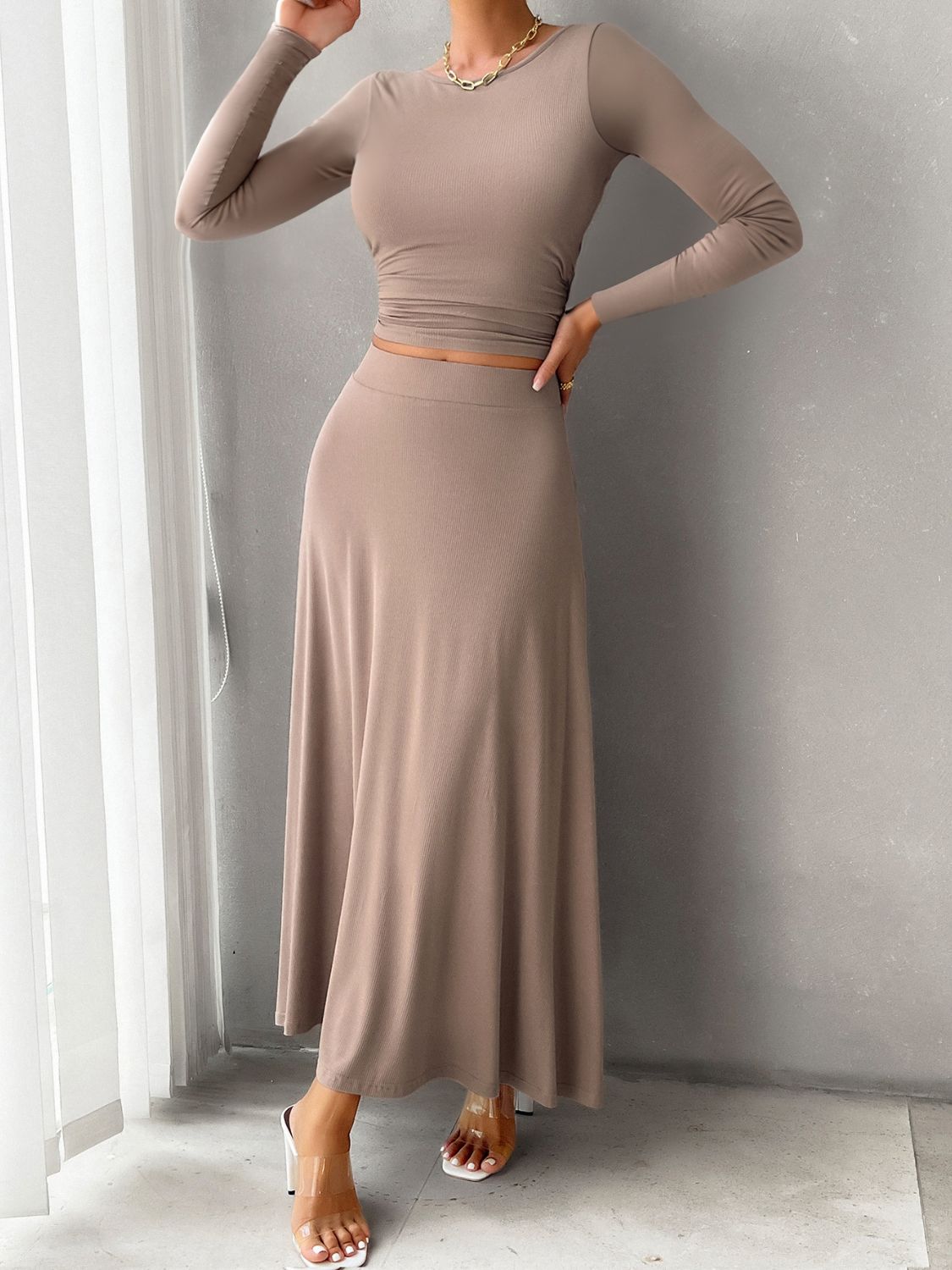 Devine Round Neck Long Sleeve Top and Skirt Set - Siennasass