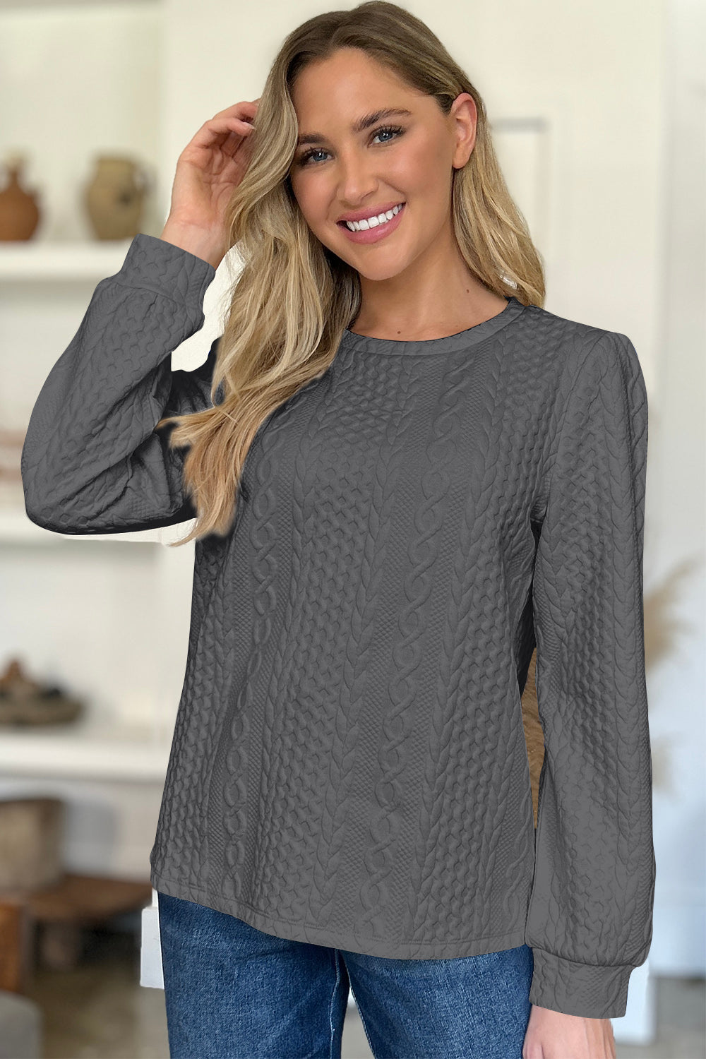 Textured Round Neck Long Sleeve Sweatshirt