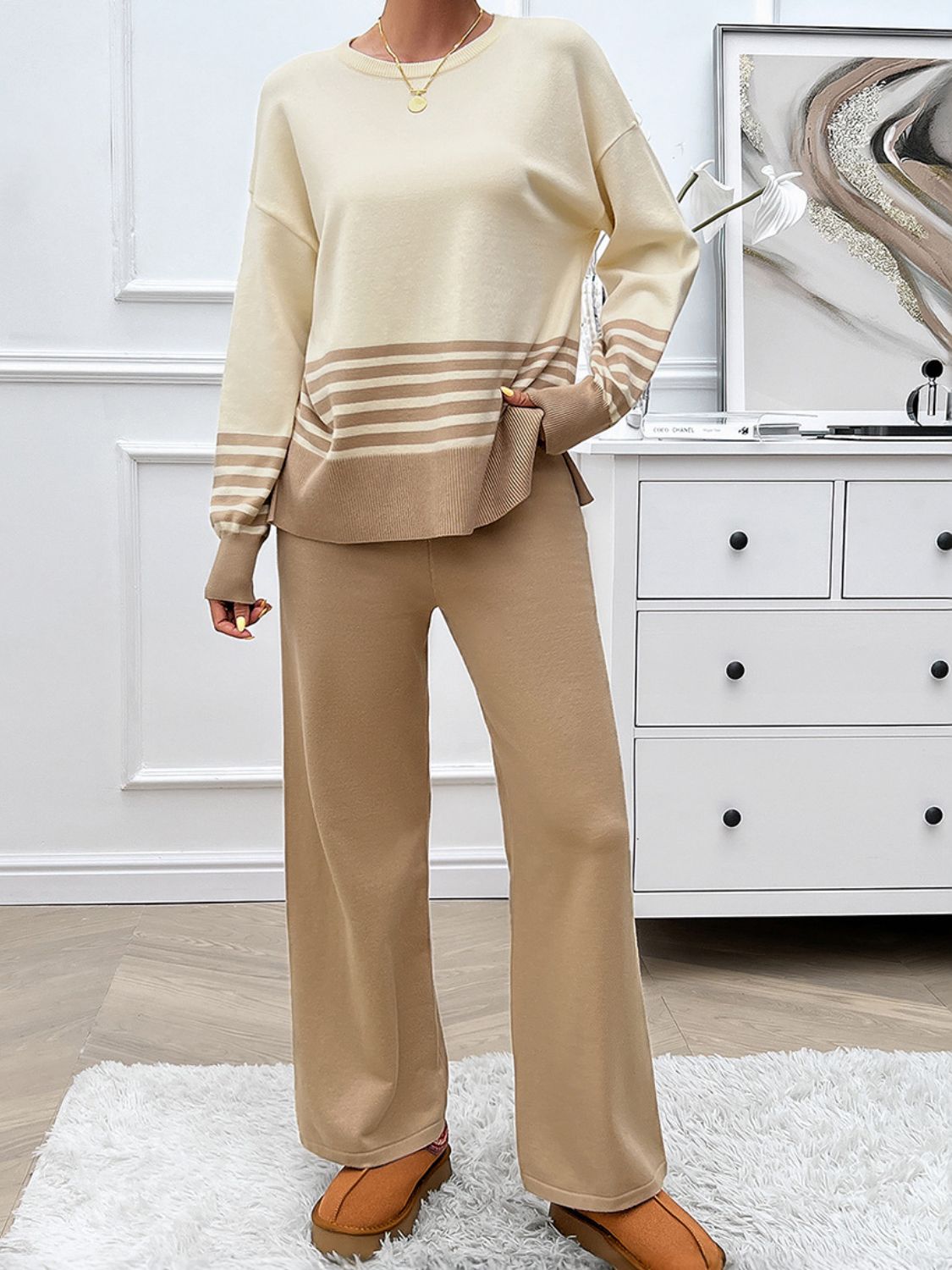 Devine Slit Striped Round Neck Top and Pants Sweater Set - Siennasass