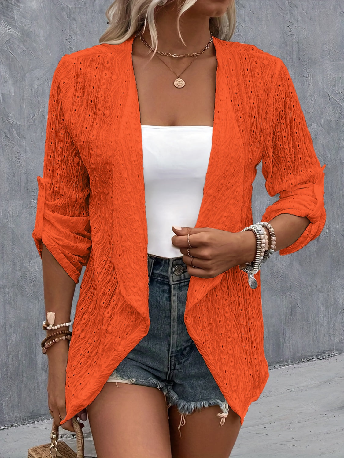 Eyelet Roll-Tab Sleeve Cardigan - Siennasass