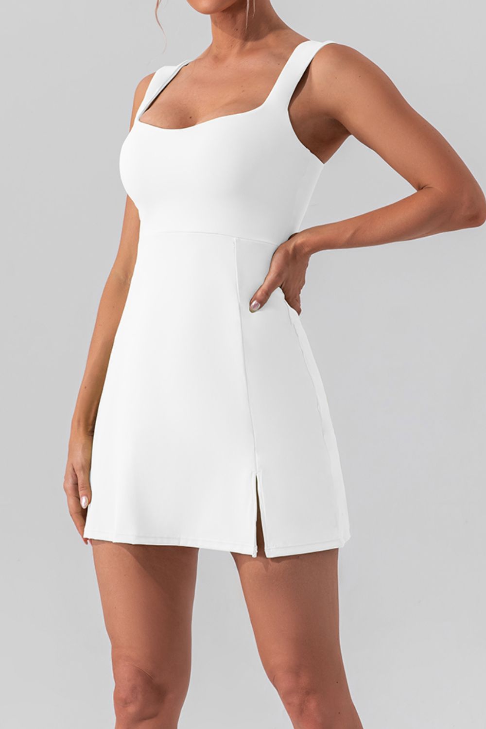 Square Neck Sleeveless Slit Mini Active Dress - Siennasass