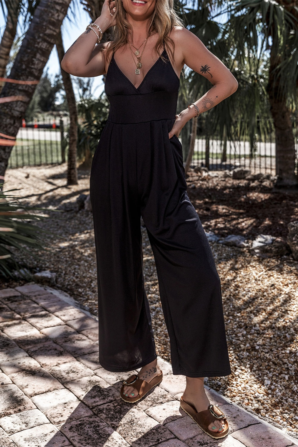 Surplice Spaghetti Strap Wide Leg Jumpsuit - Siennasass