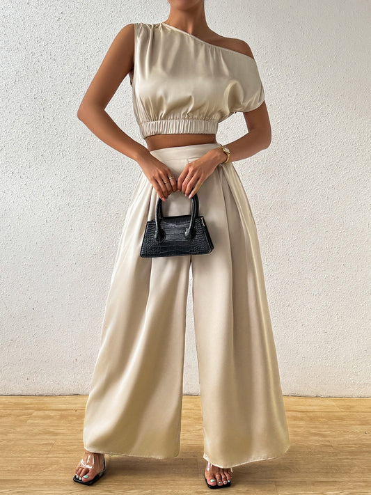 One Shoulder Short Sleeve Top and Wide Leg Pants Set - Siennasass