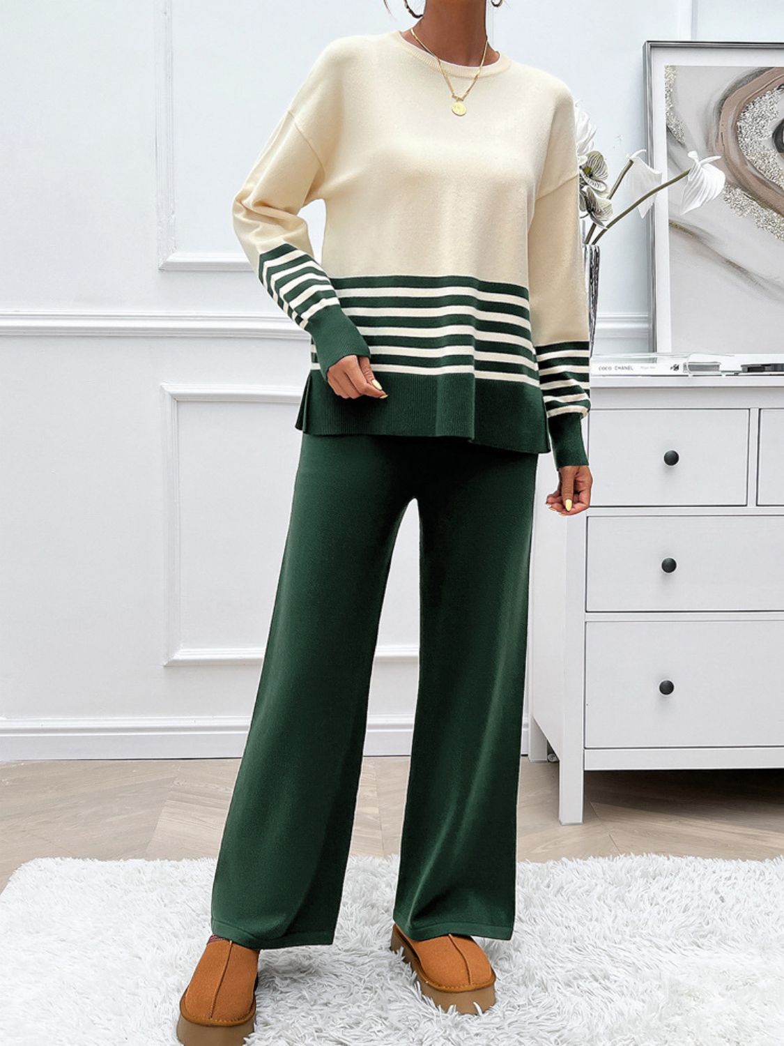 Devine Slit Striped Round Neck Top and Pants Sweater Set - Siennasass