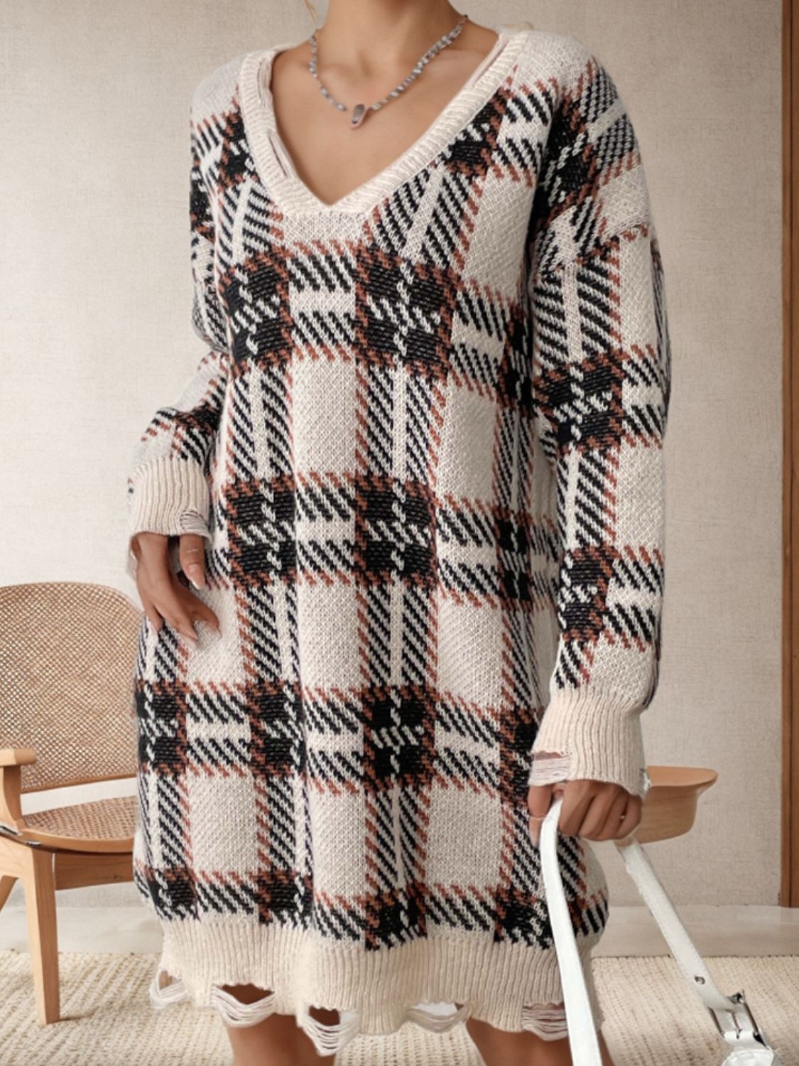 Distressed Plaid V-Neck Long Sleeve Sweater Dress - Siennasass