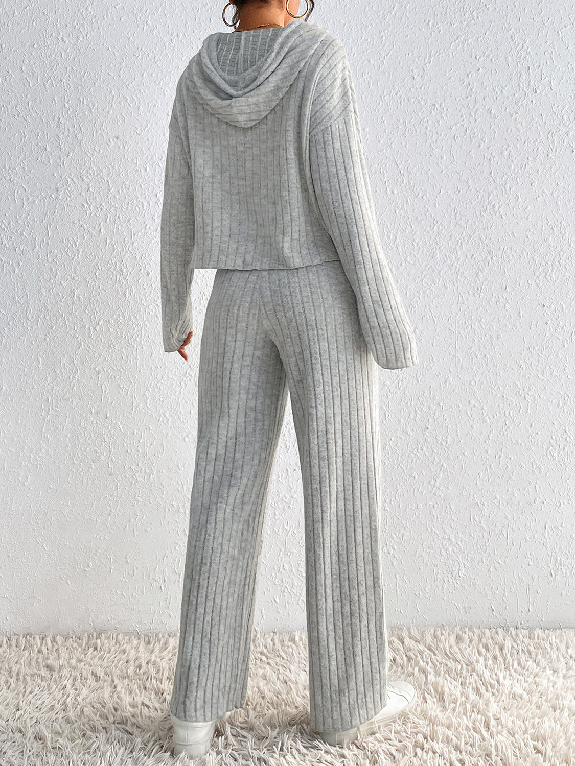 Honey Drawstring Ribbed Hoodie and Straight Leg Pants Set - Siennasass