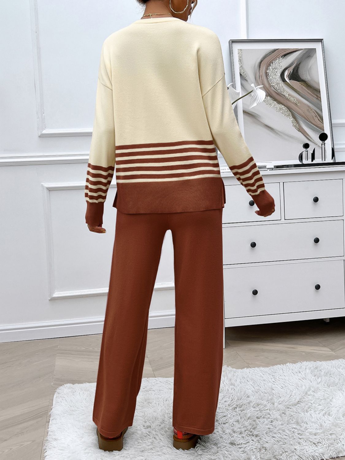 Devine Slit Striped Round Neck Top and Pants Sweater Set - Siennasass