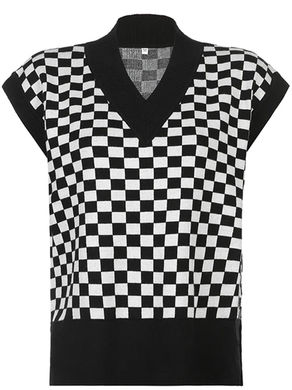 Full Size Checkered V-Neck Cap Sleeve Sweater