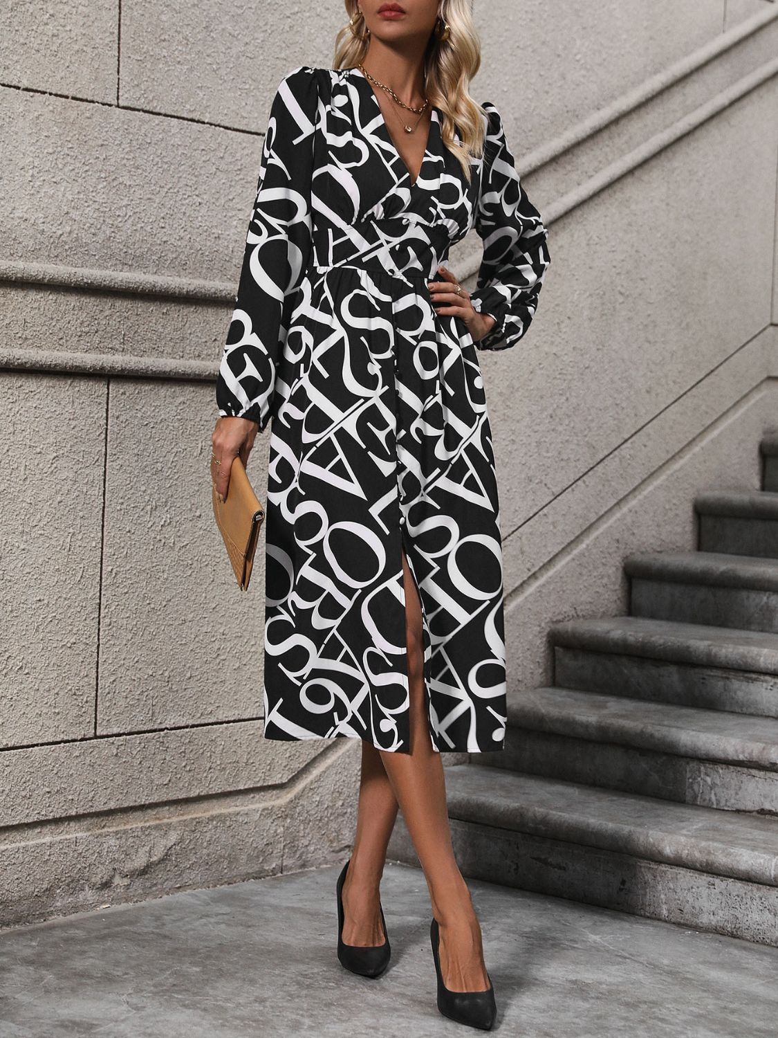 Printed V-Neck Long Sleeve Midi Dress - Siennasass