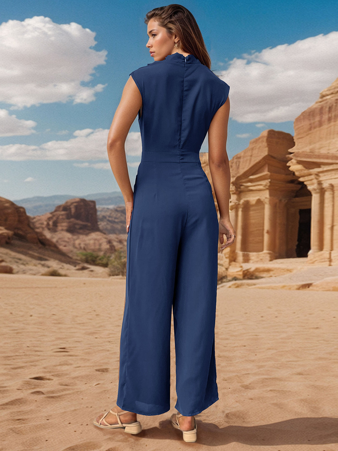 Ruched Mock Neck Sleeveless Jumpsuit