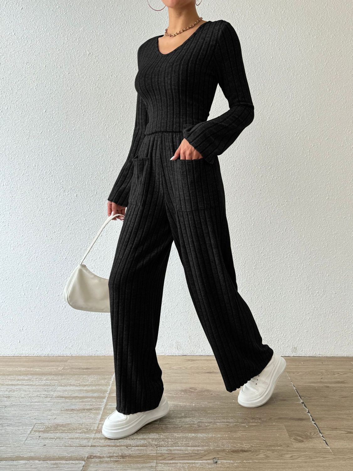 Ribbed V-Neck Long Sleeve Top and Pocketed Pants Set - Siennasass