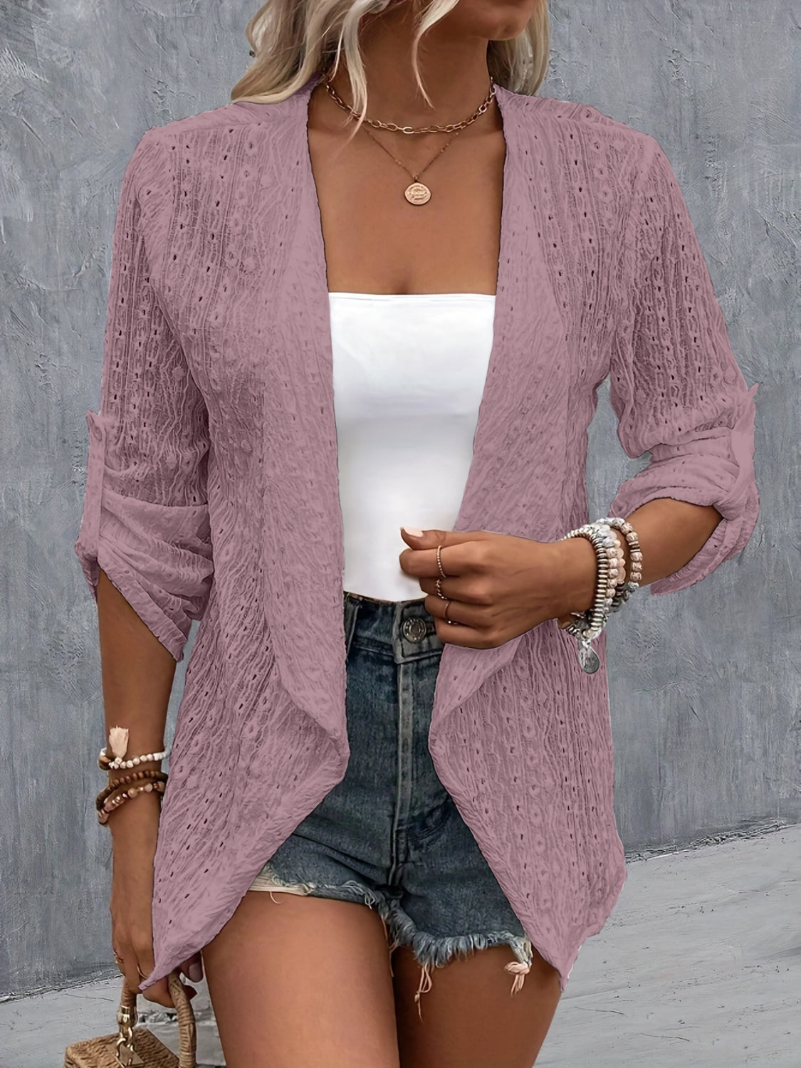 Eyelet Roll-Tab Sleeve Cardigan - Siennasass