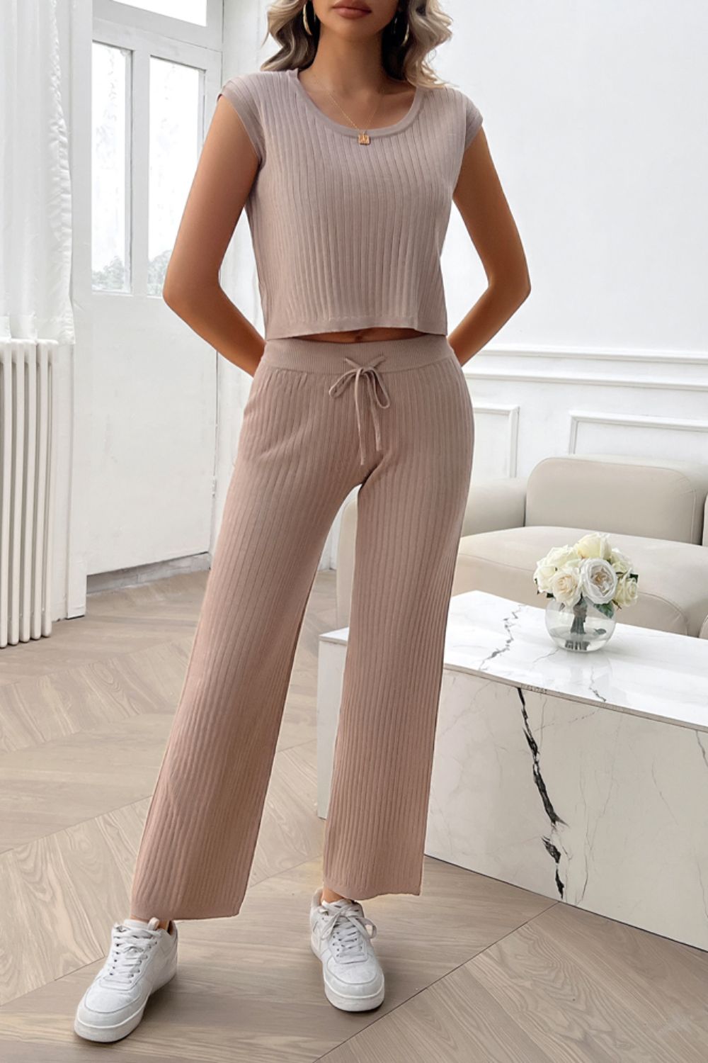 Devine Ribbed Round Neck Top and Pants Set - Siennasass