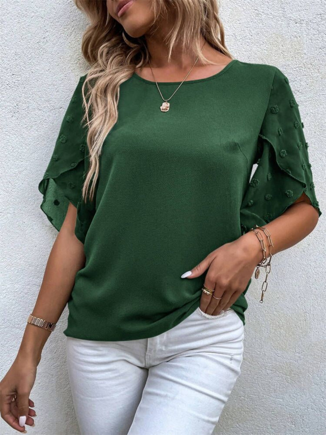 Swiss Dot Round Neck Half Sleeve Blouse