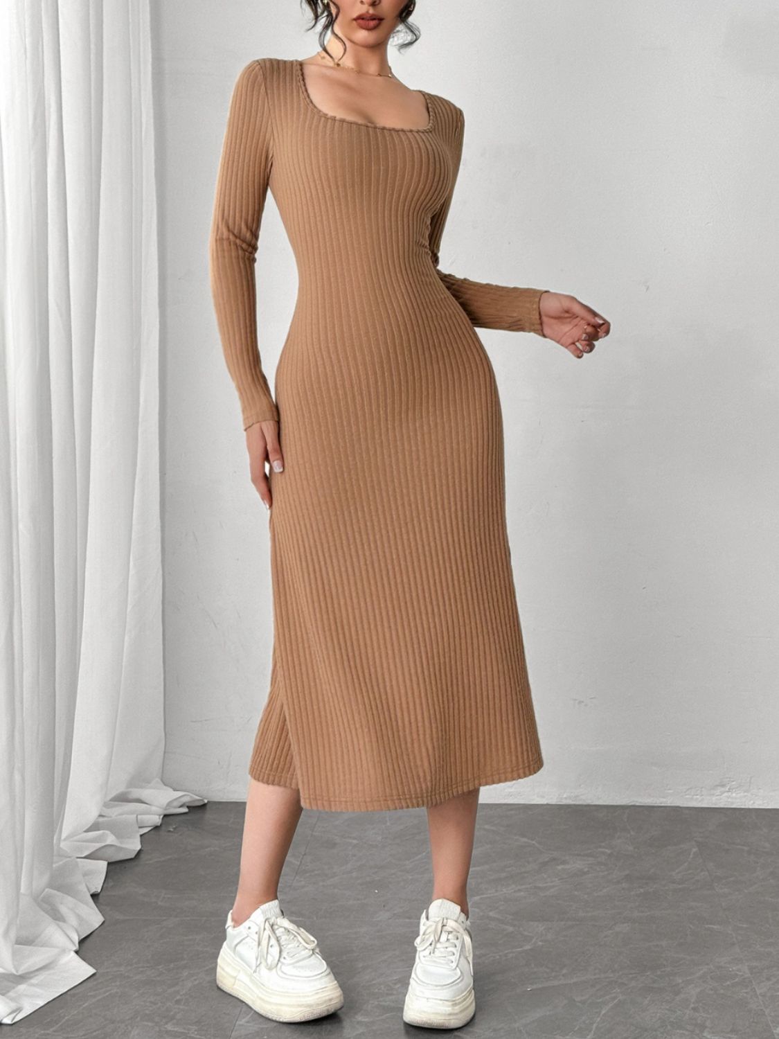 Square Neck Long Sleeve Midi Wrap Dress - Siennasass