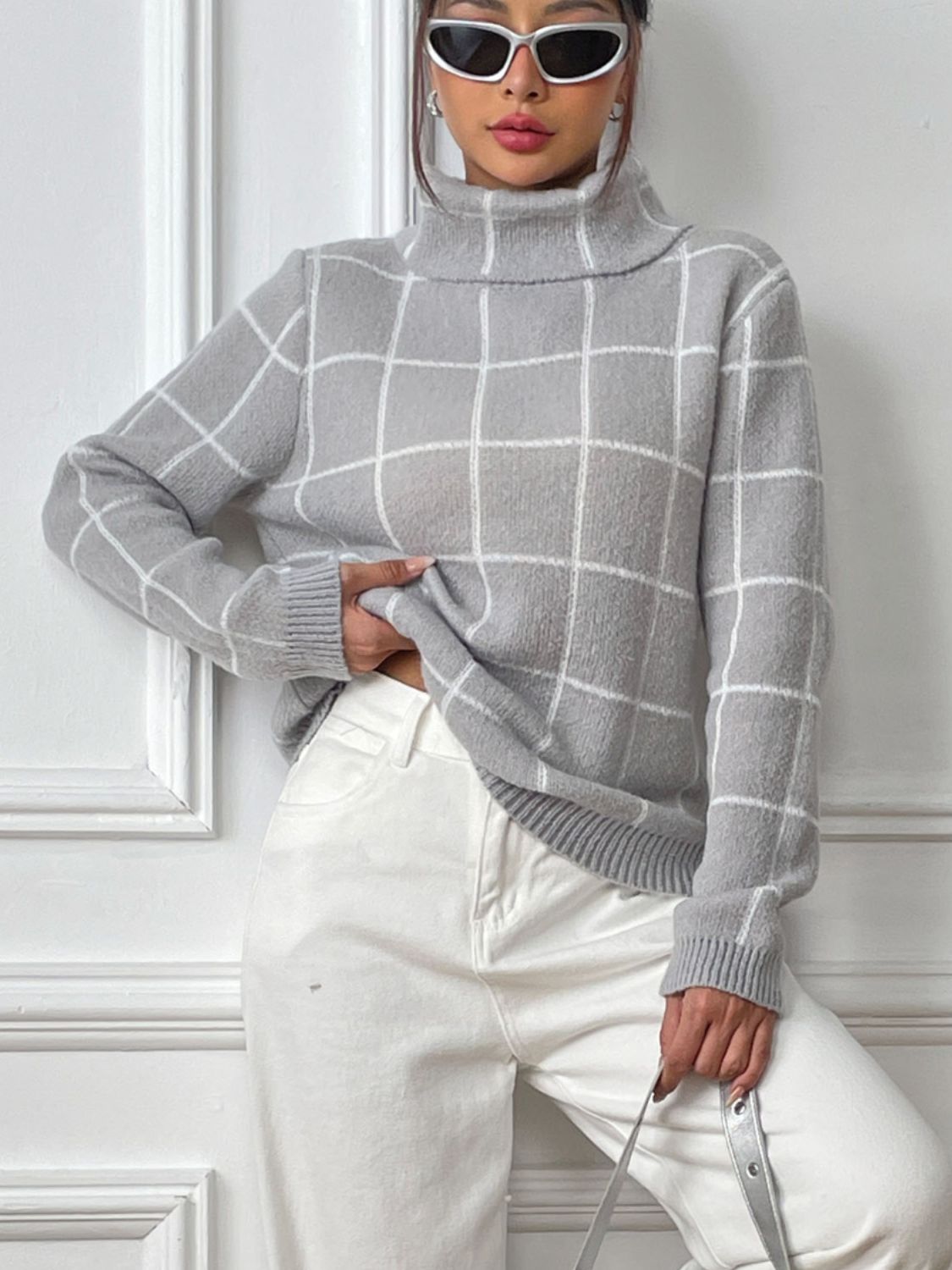 Plaid Turtleneck Long Sleeve Sweater - Siennasass