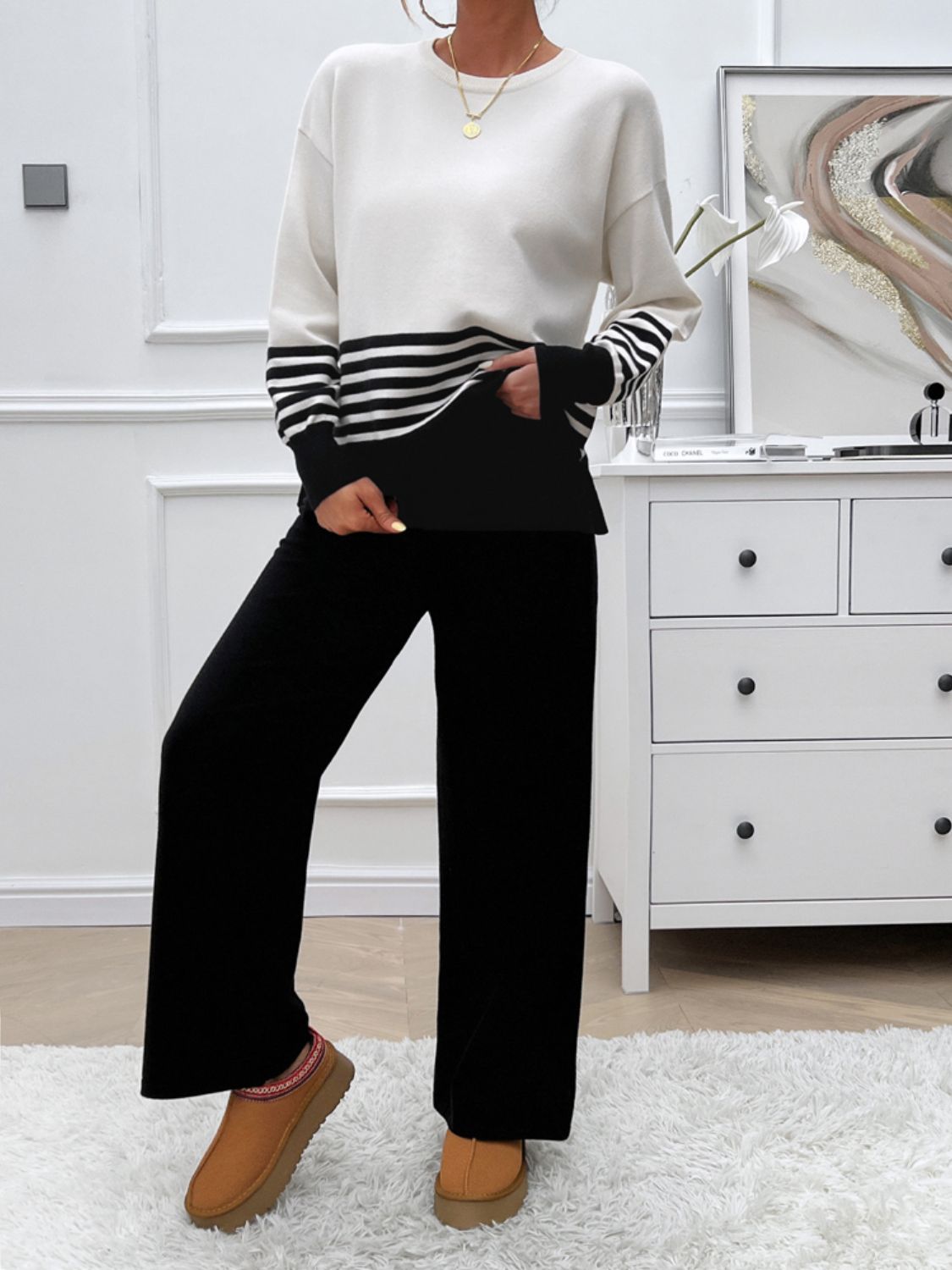 Devine Slit Striped Round Neck Top and Pants Sweater Set - Siennasass