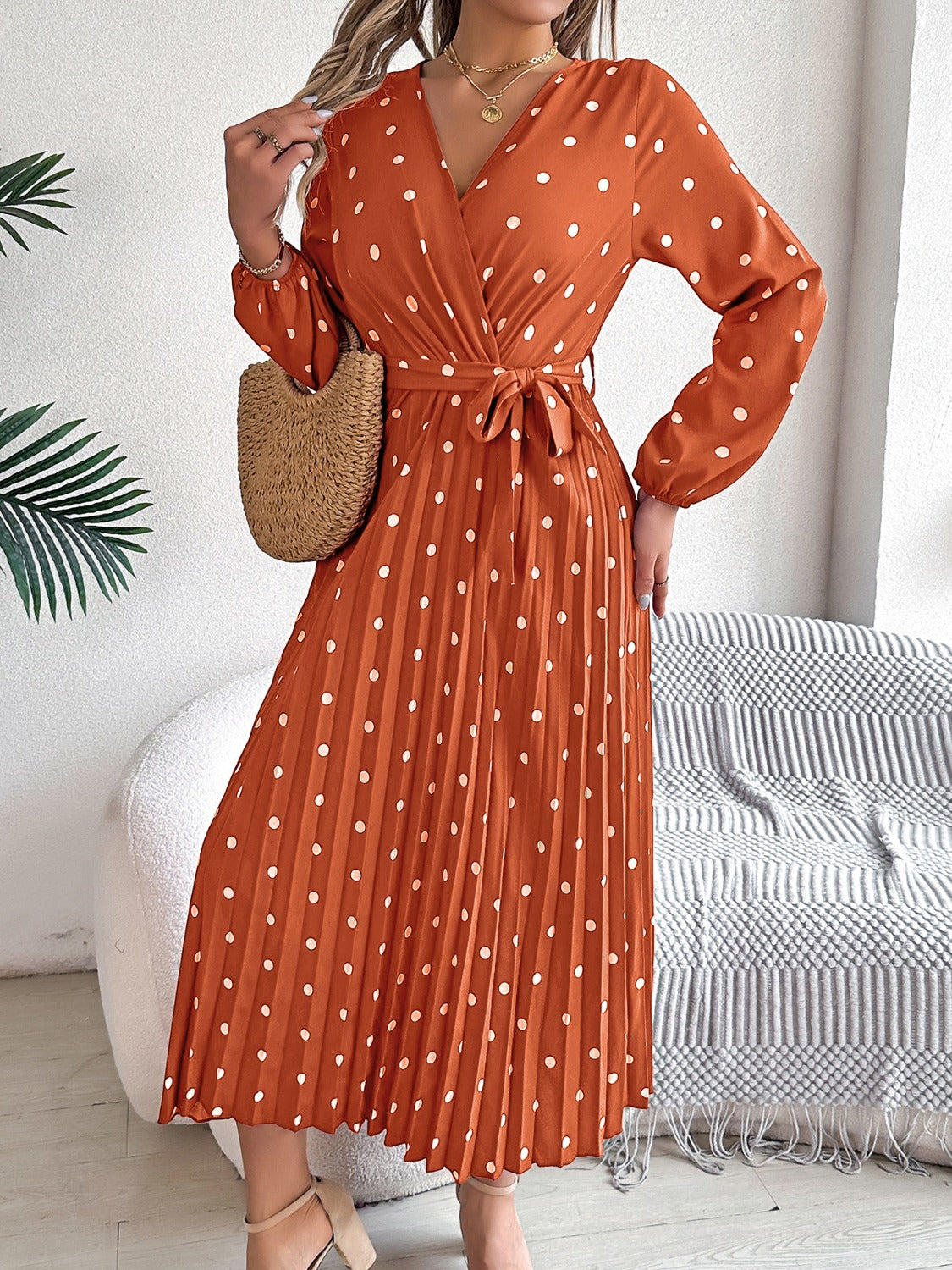 Tied Polka Dot Long Sleeve Midi Dress - Siennasass