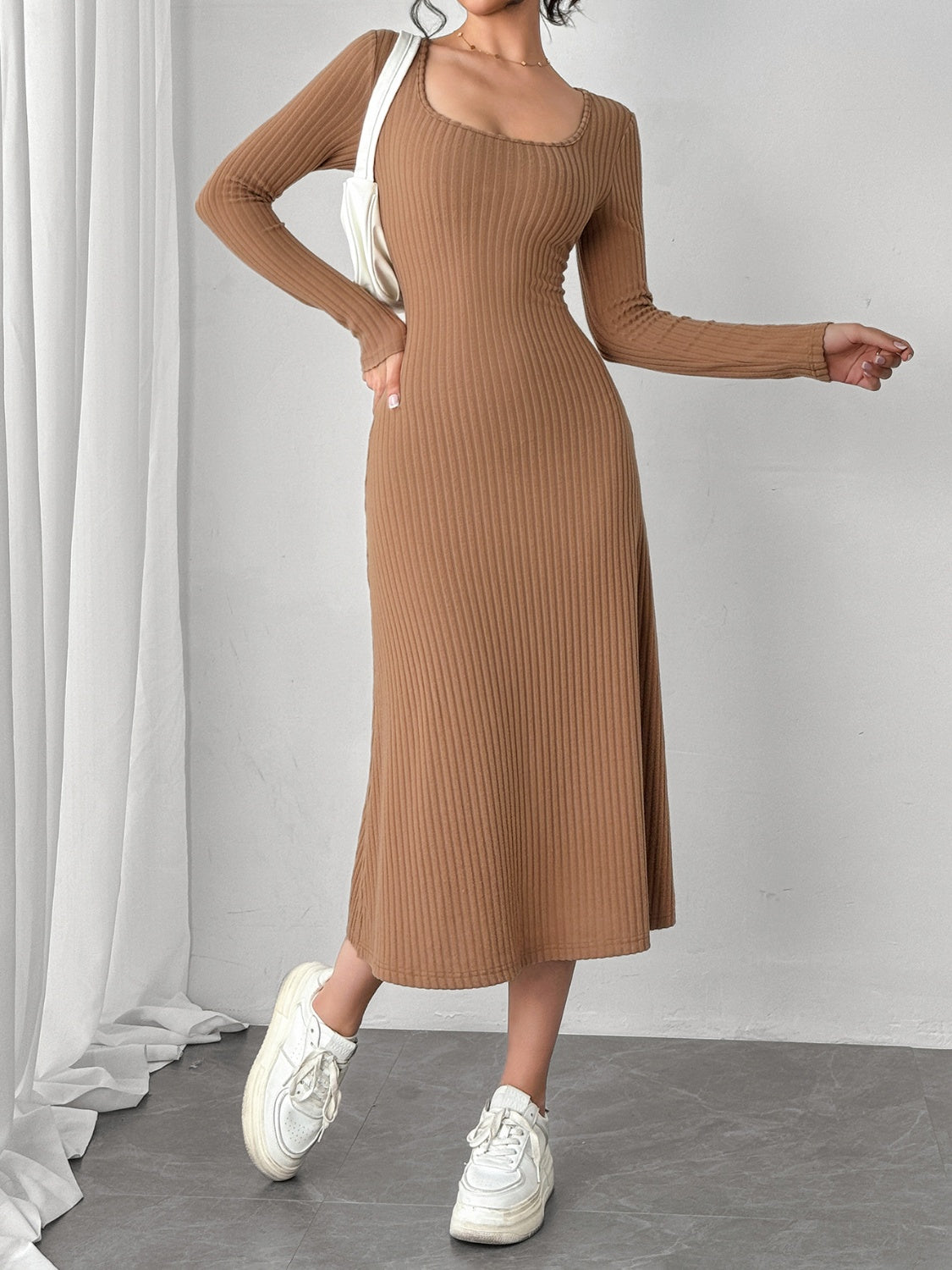 Square Neck Long Sleeve Midi Wrap Dress - Siennasass