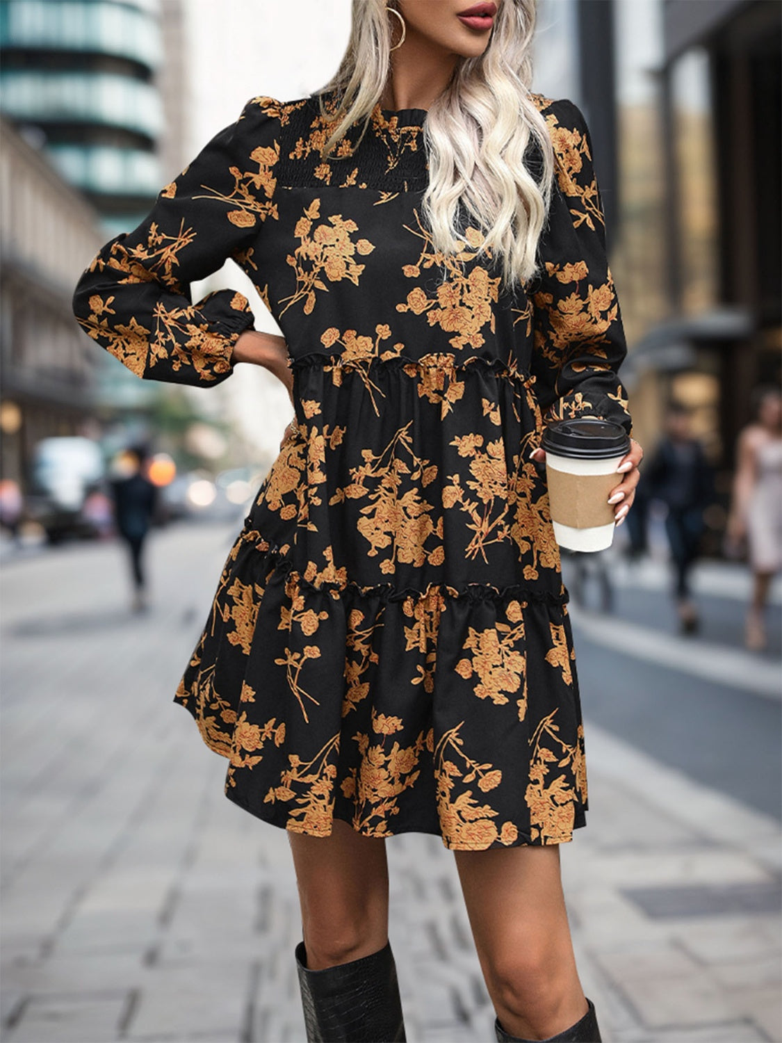 Frill Printed Long Sleeve Mini Dress - Siennasass