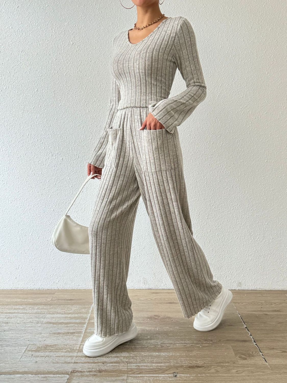 Ribbed V-Neck Long Sleeve Top and Pocketed Pants Set - Siennasass