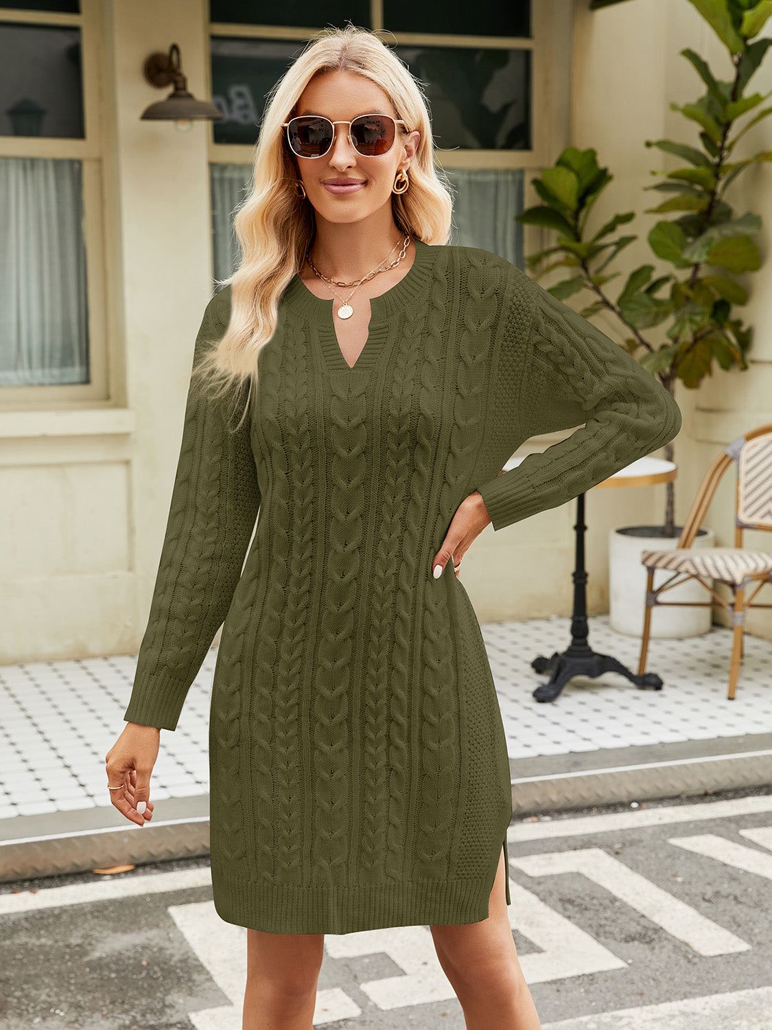 Notched Neck Cable-Knit Slit Sweater Dress - Siennasass