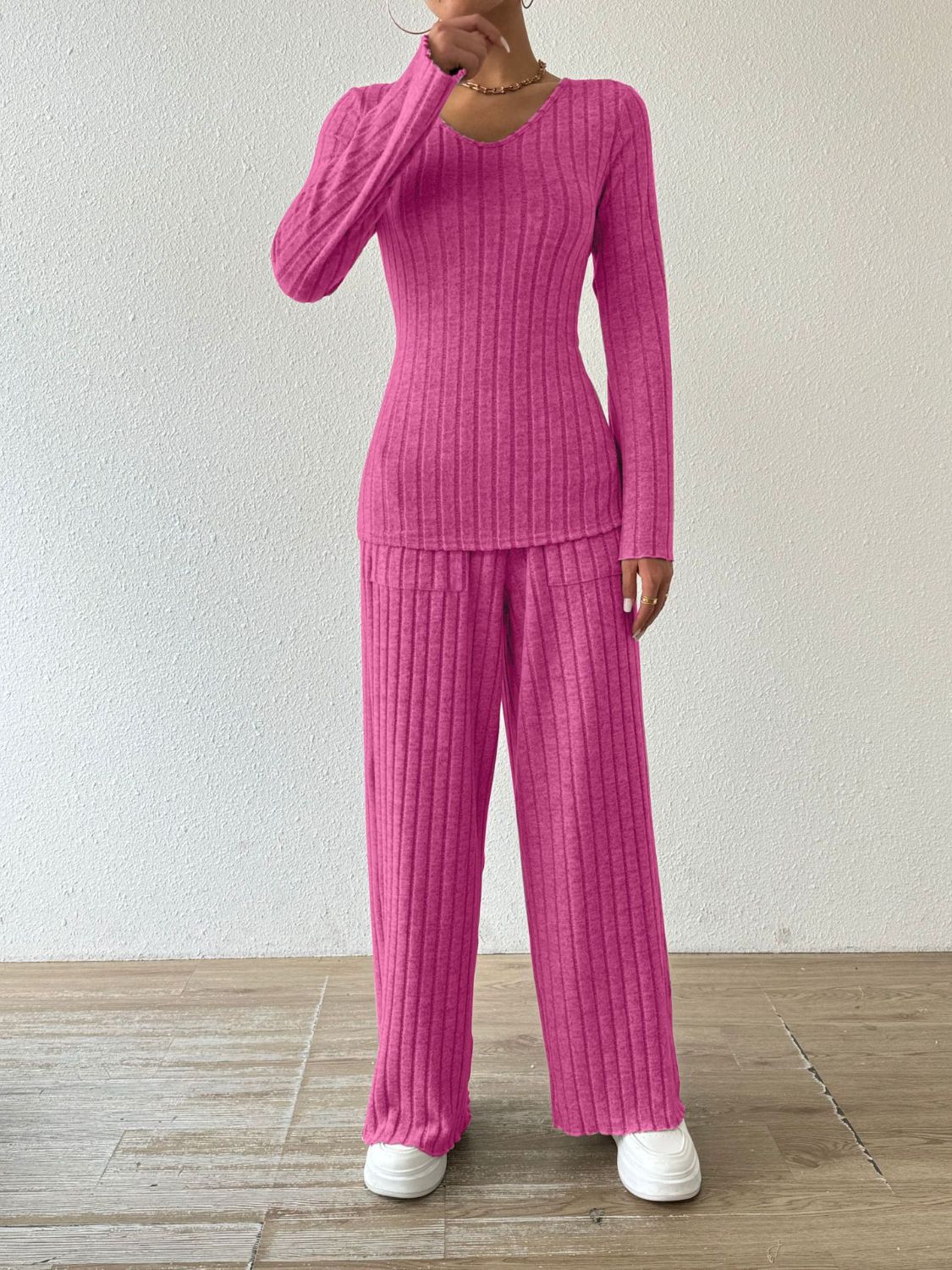 Ribbed V-Neck Long Sleeve Top and Pocketed Pants Set - Siennasass