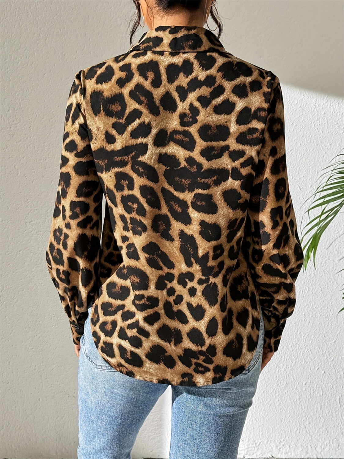 Leopard Collared Neck Long Sleeve Shirt - Siennasass