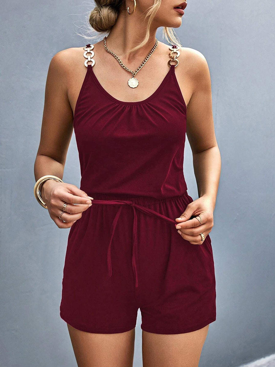 Pocketed Buckle Trim Scoop Neck Romper - Siennasass