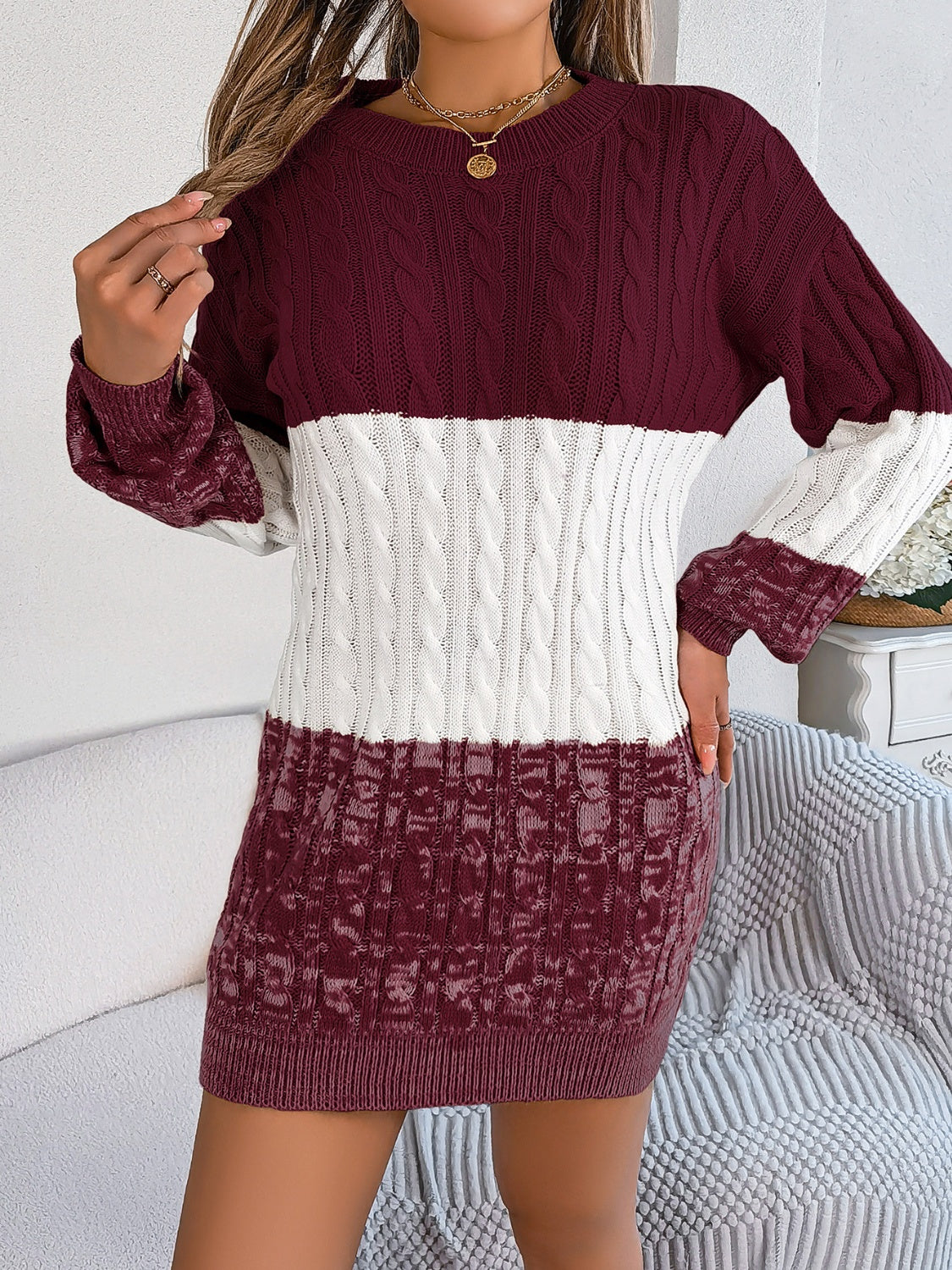 Cable-Knit Round Neck Color Block Sweater Dress - Siennasass