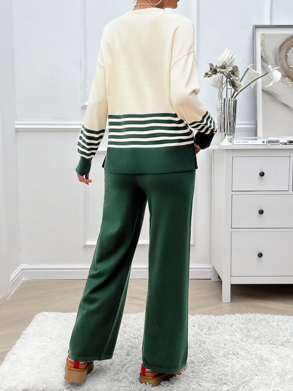 Devine Slit Striped Round Neck Top and Pants Sweater Set - Siennasass