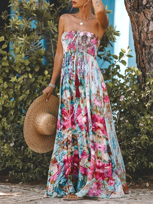 Smocked Printed Sleeveless Maxi Dress - Siennasass