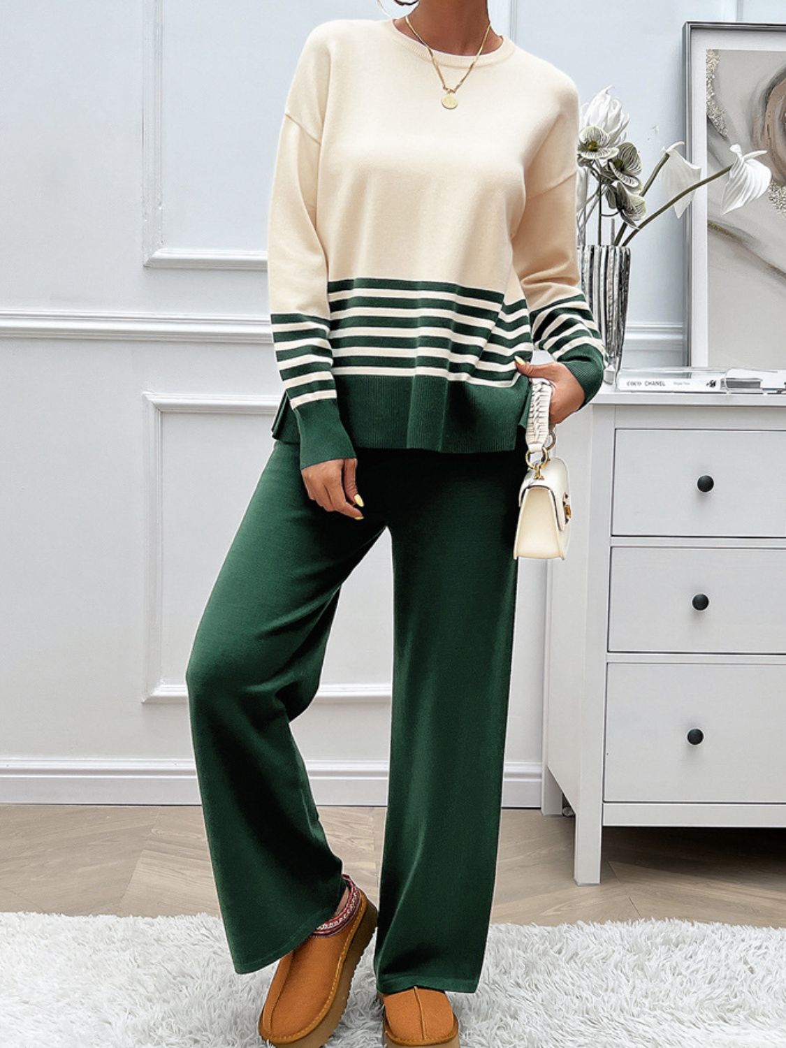 Devine Slit Striped Round Neck Top and Pants Sweater Set - Siennasass