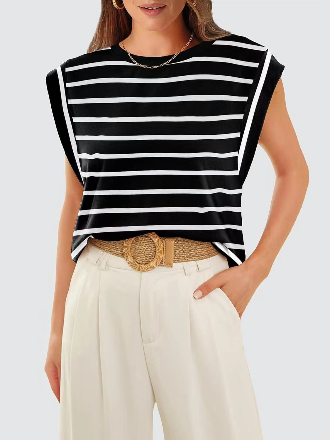 Striped Round Neck Cap Sleeve T-Shirt - Siennasass