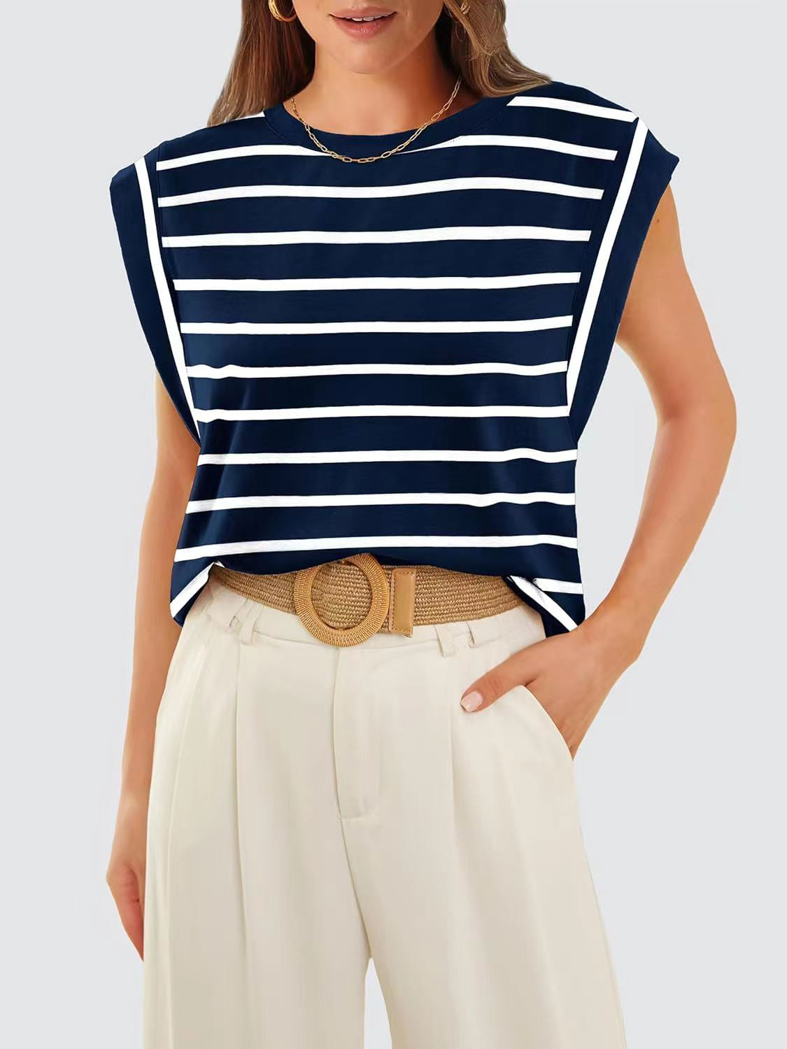 Striped Round Neck Cap Sleeve T-Shirt - Siennasass