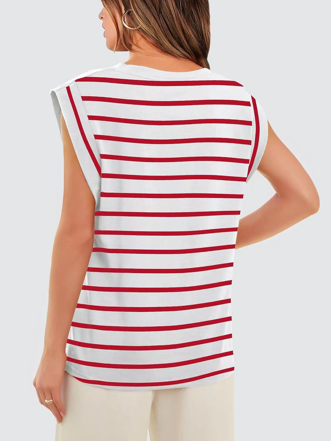 Striped Round Neck Cap Sleeve T-Shirt - Siennasass