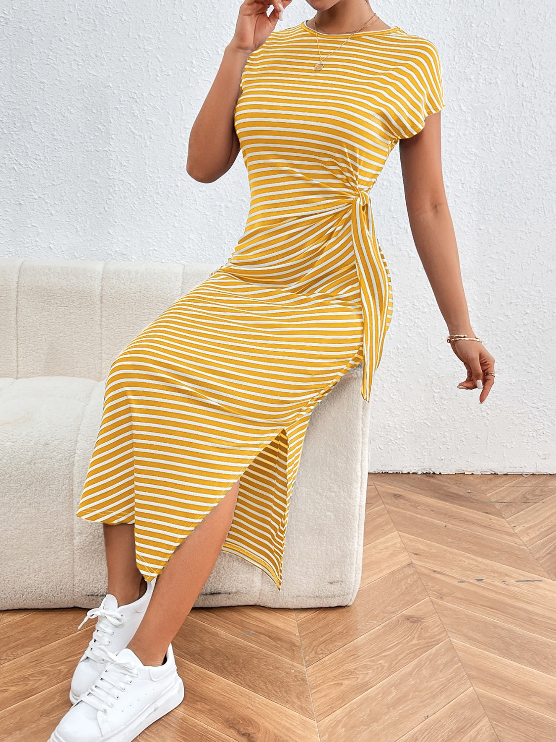 Tied Striped Round Neck Short Sleeve Tee Dress - Siennasass