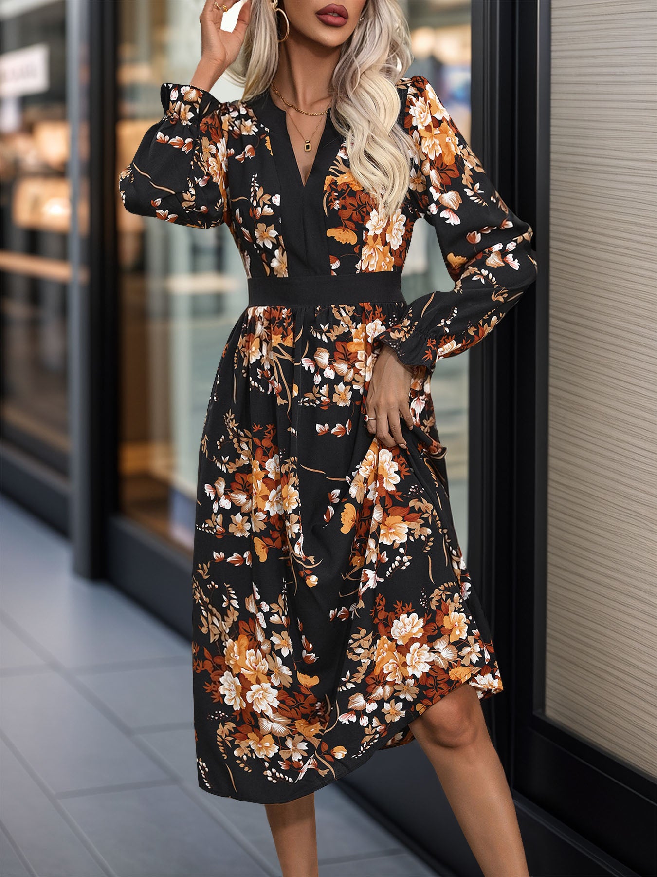 Printed Notched Long Sleeve Midi Dress