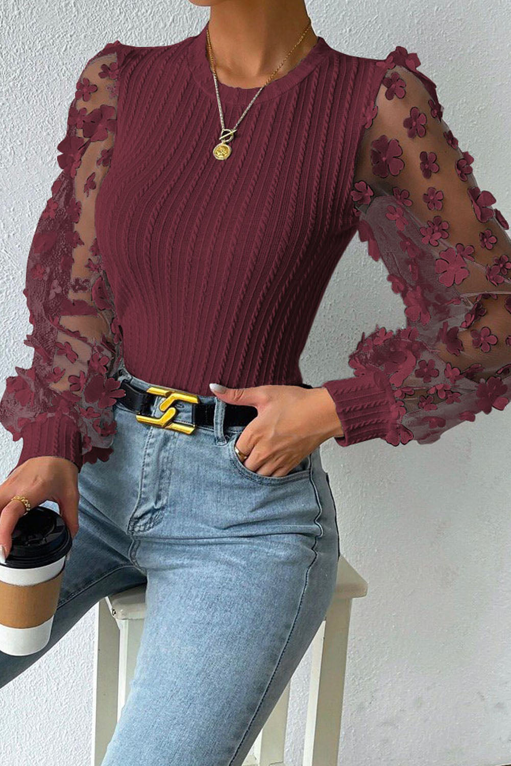 Double Take Textured Applique Long Sleeve Blouse - Siennasass