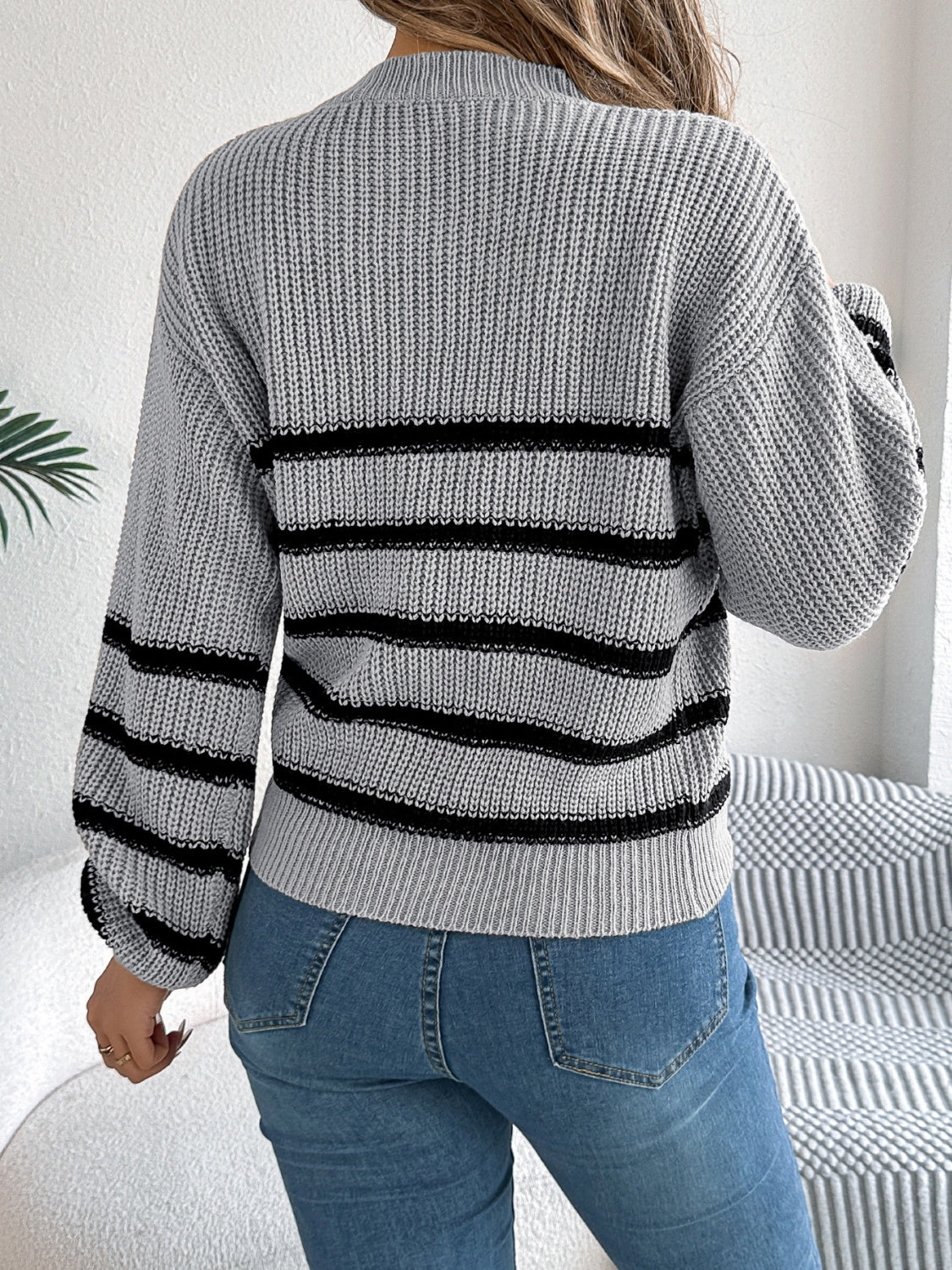 Striped Round Neck Long Sleeve Sweater - Siennasass