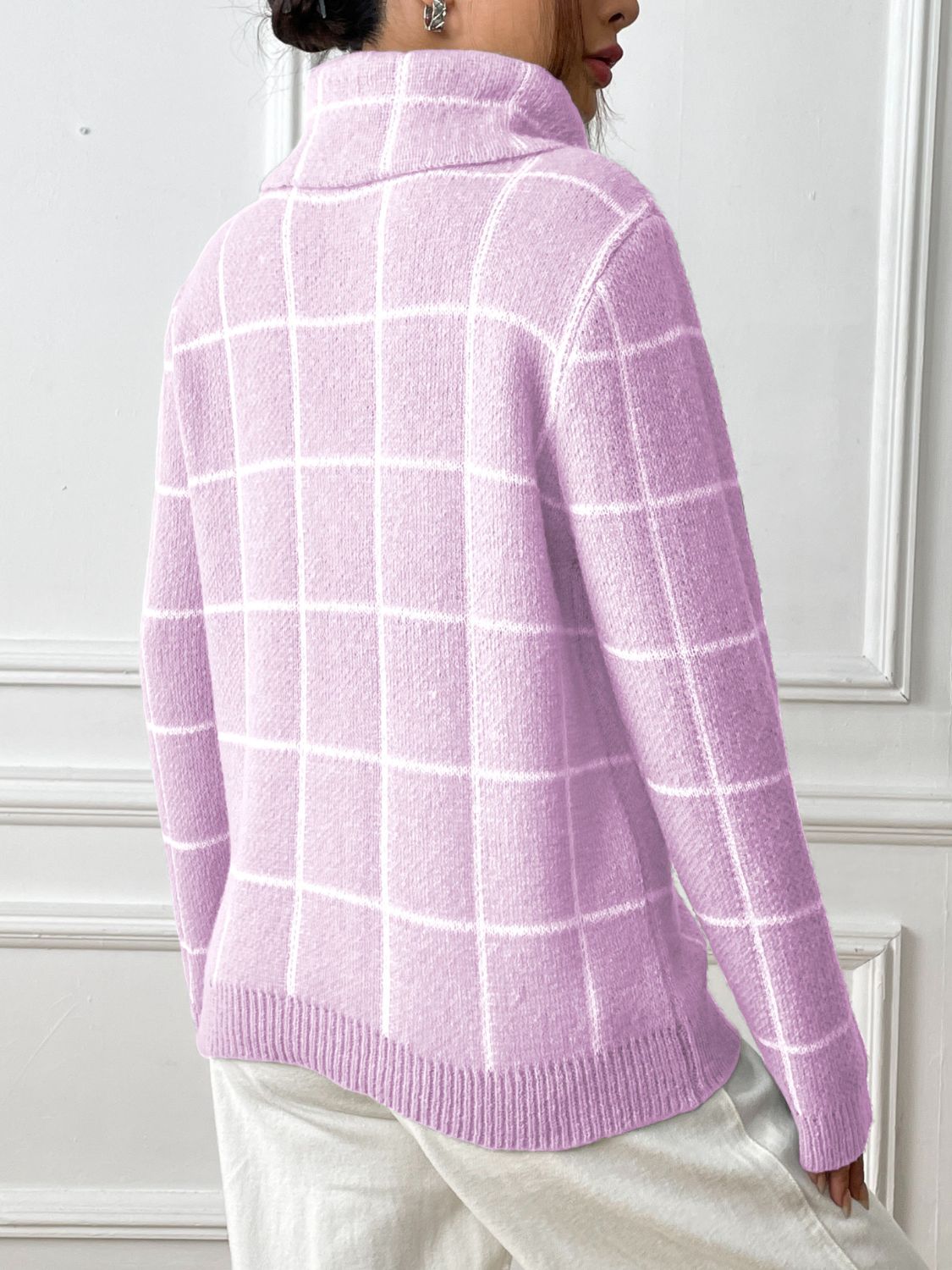 Plaid Turtleneck Long Sleeve Sweater - Siennasass