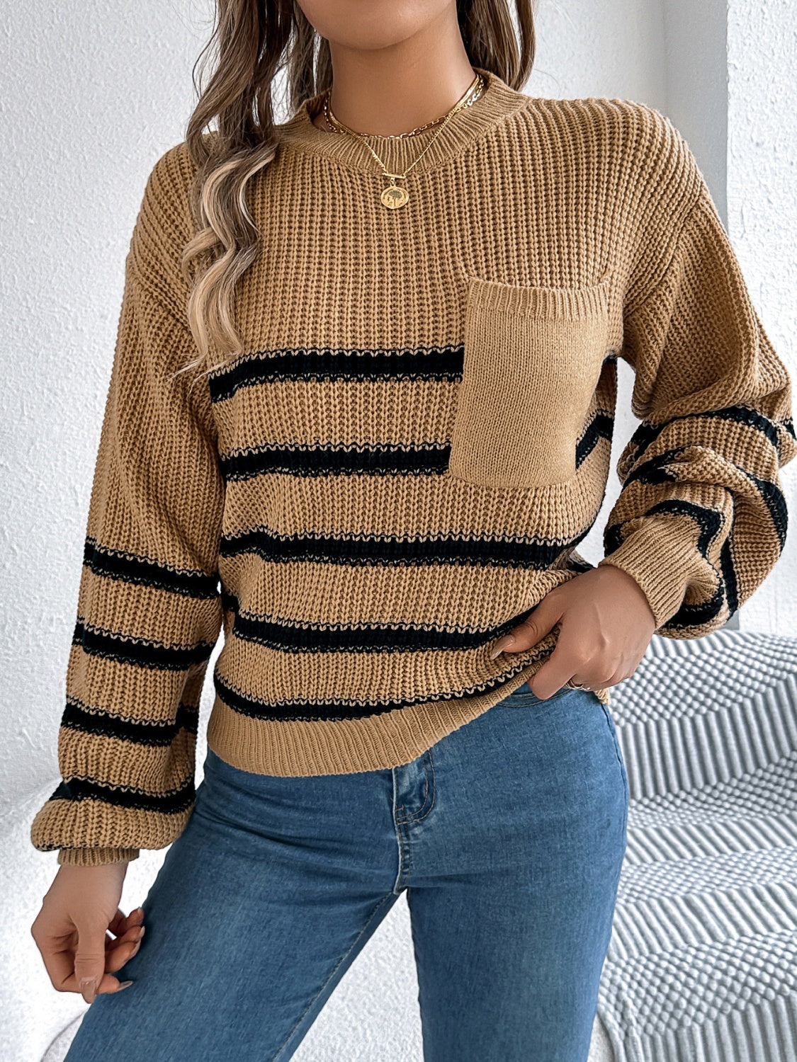 Striped Round Neck Long Sleeve Sweater - Siennasass