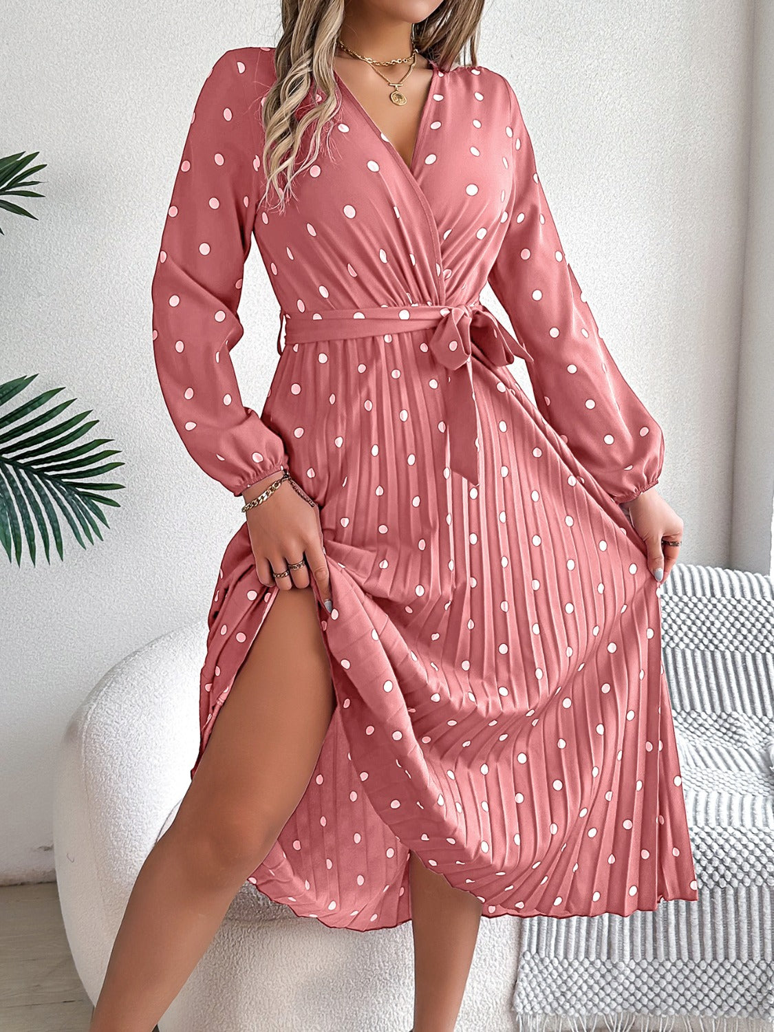 Tied Polka Dot Long Sleeve Midi Dress - Siennasass