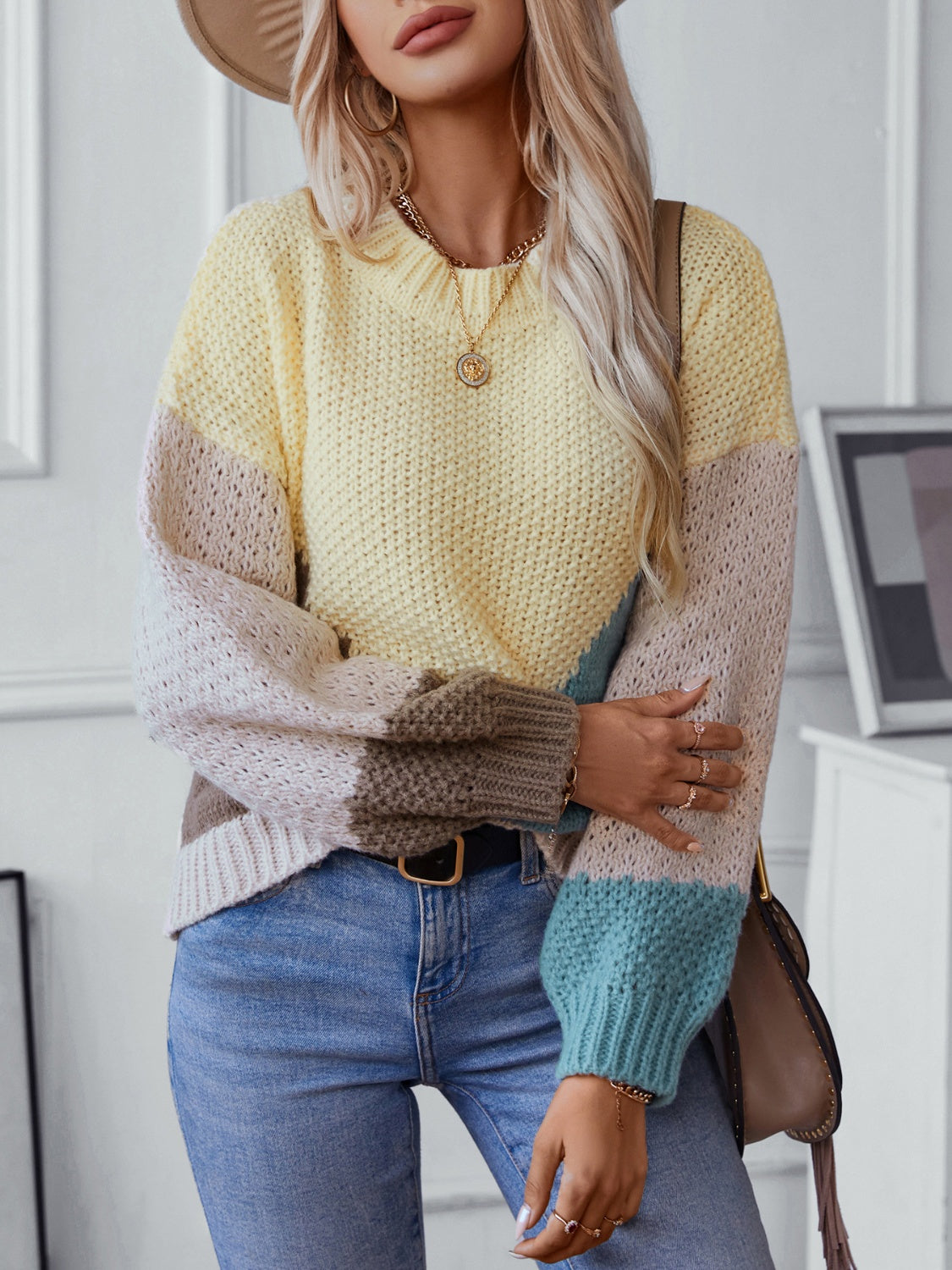 Color Block Round Neck Dropped Shoulder Sweater - Siennasass