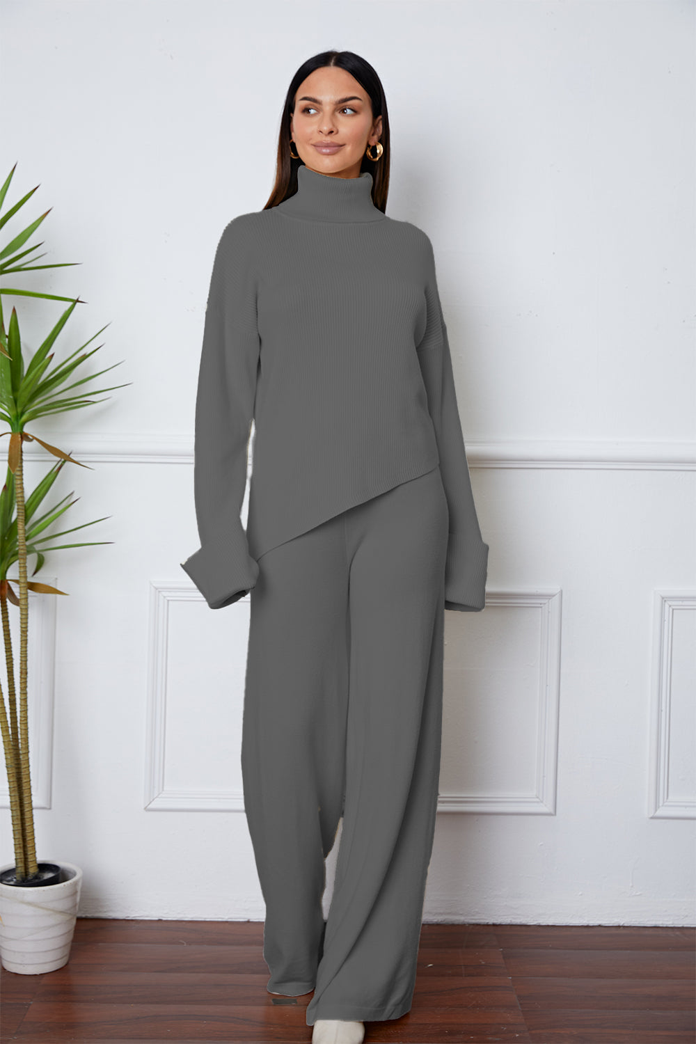 Turtleneck Dropped Shoulder Top and Pants Sweater Set - Siennasass