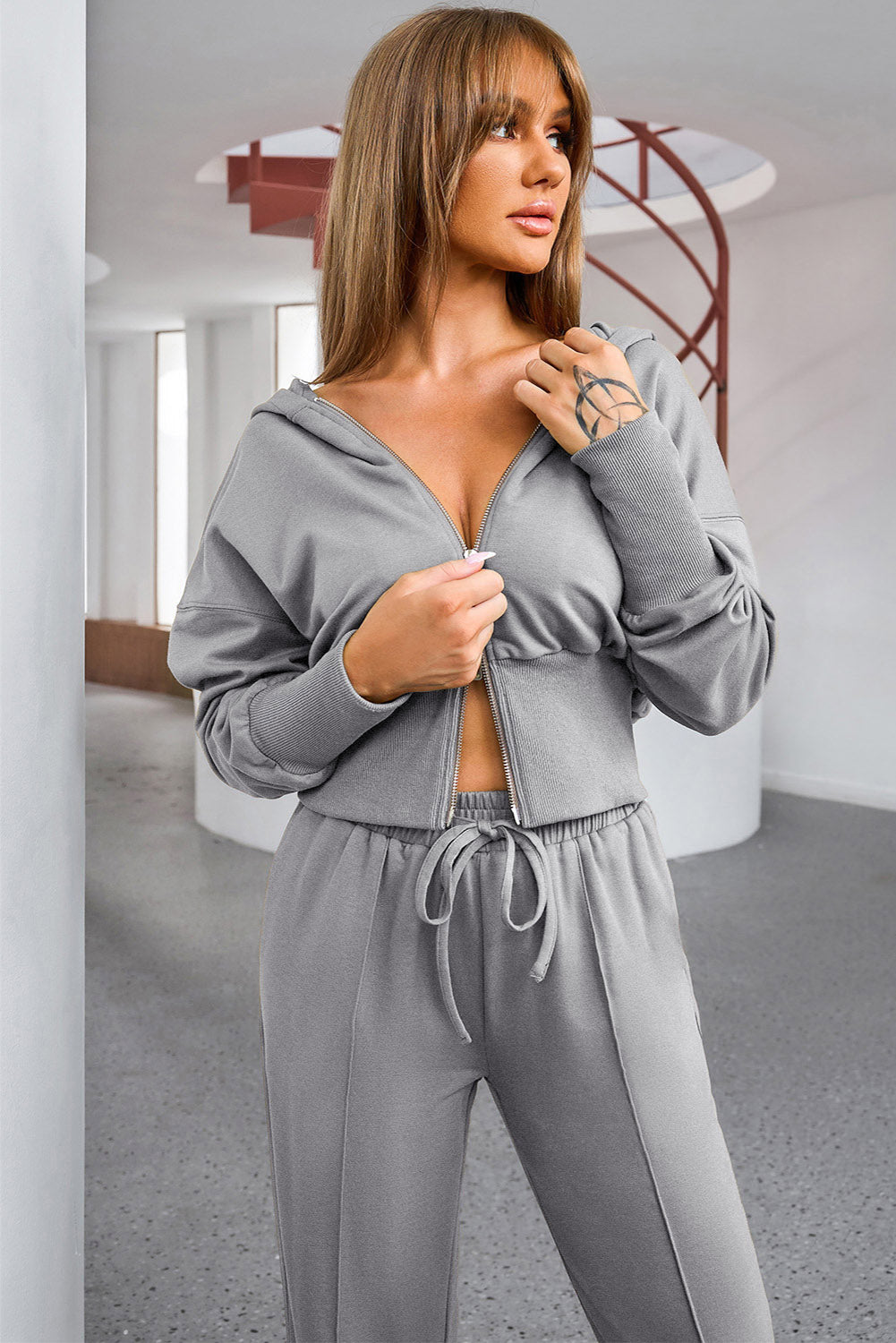 Dropped Shoulder Hoodie and Drawstring Pants Active Set - Siennasass