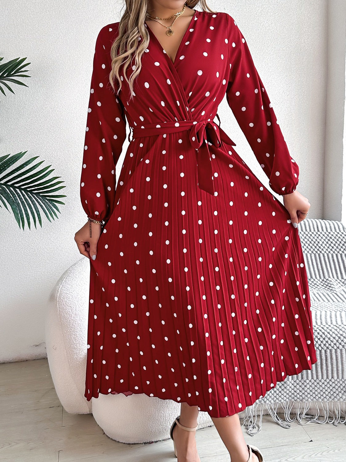 Tied Polka Dot Long Sleeve Midi Dress - Siennasass